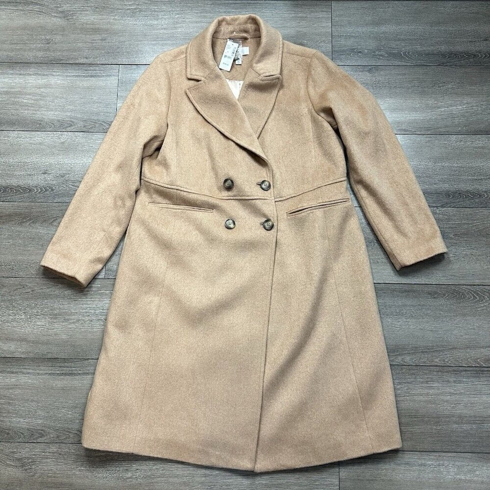 Addition Elle Double Breasted Coat Camel Size 1 X Wool Blend Trench Jacket NWT